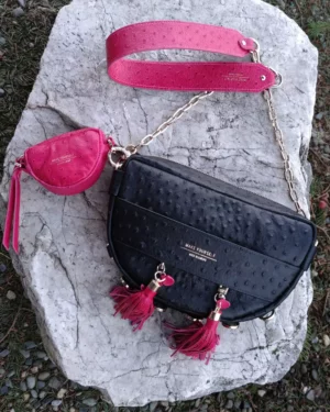 Czarna torebka z frędzlami duo Luna black ostri pink ostri set I chain