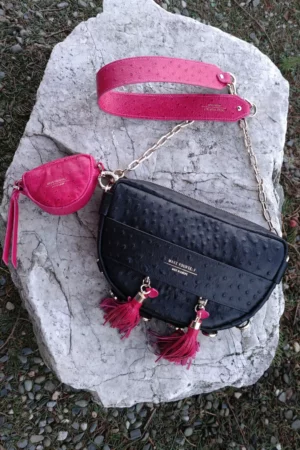 Czarna torebka z frędzlami duo Luna black ostri pink ostri set I chain