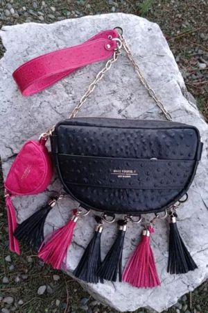 Czarna torebka z frędzlami duo Luna black ostri pink ostri set II chain