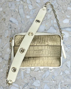 Skórzana torebka pudełkowa Cube Old gold Cream