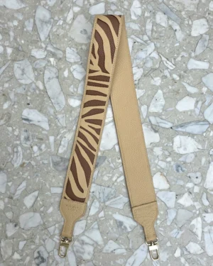 Skórzany długi szeroki pasek ZEBRA Beige Sand do torebki