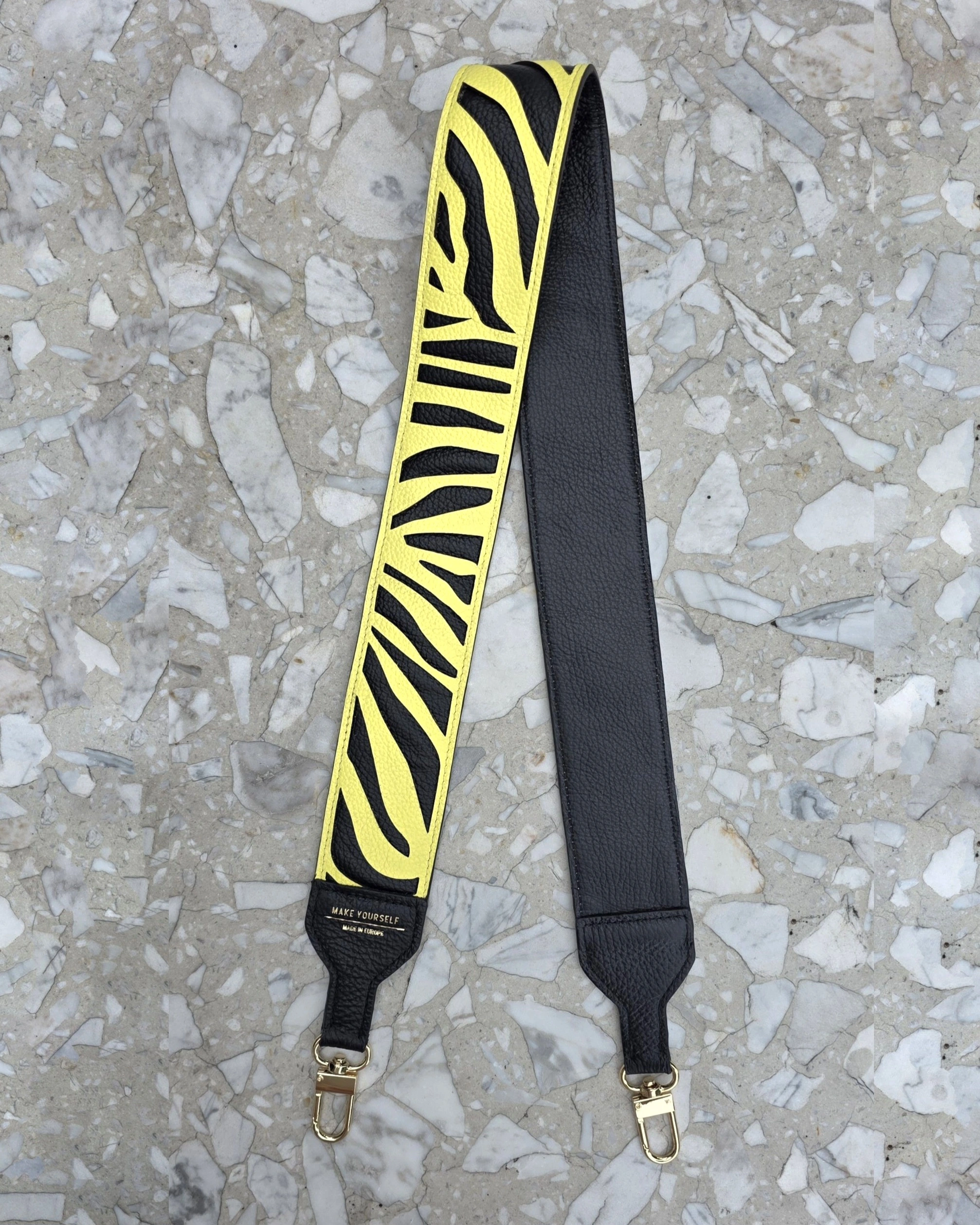 Skórzany długi szeroki pasek ZEBRA Black Yellow do torebki